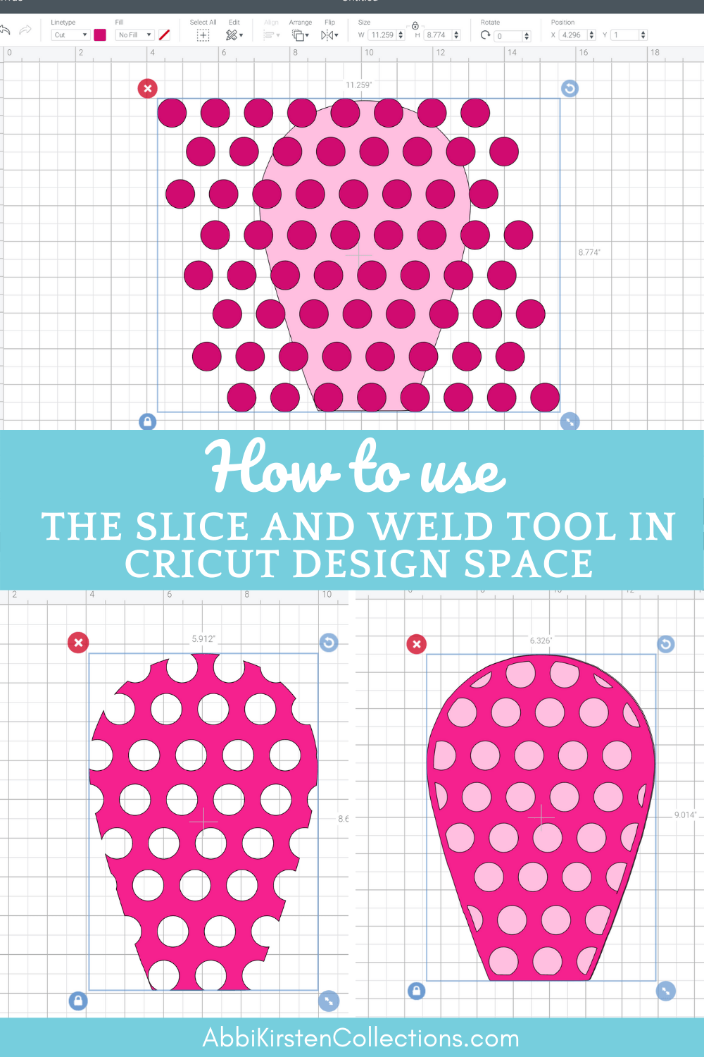 A collage of images shows steps from the process of adding patterns to designs in Cricut Design Space. Each step is a screenshot from Design Space. Image text reads "how to use the slice and weld tool in Christ Design Space"