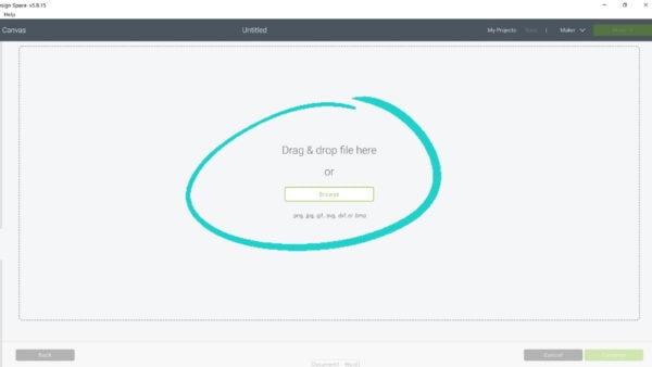 This screenshot shows the image/file upload screen in Cricut design space. You can upload easily by using ‘drag and drop’ or by browsing your computer to find the image you would like to use. 