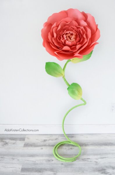 A finished giant red paper peony is attached to a re-usable giant green free-standing curvy stem on a light wooden floor with a white wall. 