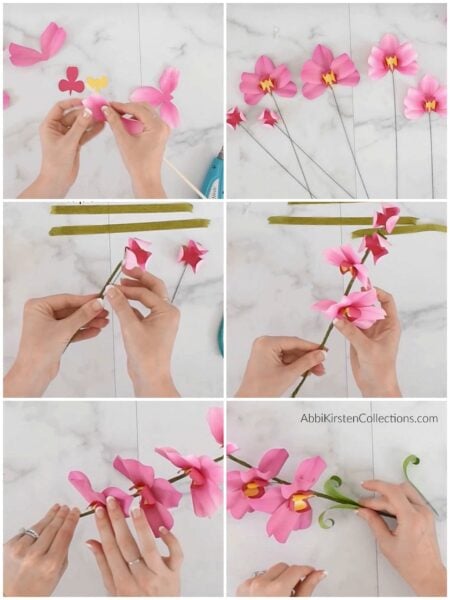This six-image collage details how to make stunning strands of pink paper orchid flowers by creating a stem, wrapping the stem with floral paper, and adding the paper orchid blooms and leaves