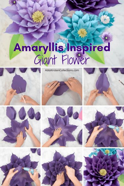 A collage of photos showing how to make purple paper amaryllis flowers, with the graphic “Amaryllis Inspired Giant Flower” written above. 
