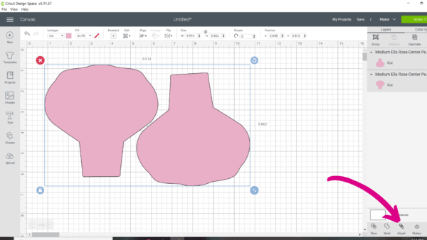 A picture of the grid page in Design Space demonstrating how to add a pink rose petal template to the current design, so that you can use your cardstock efficiently. 