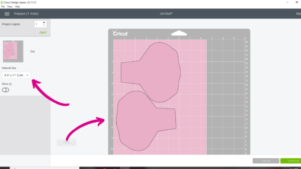 A follow-up screen grab showing how to resize paper to fit the additional pink rose petal. 