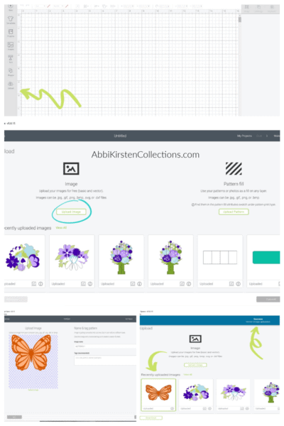Screenshots of how to upload an SVG file to Design Space in three pictures. The top picture shows the Design Space grid.  The second photo shows what to click on when downloading a template from Abbi's website. The bottom photo contains additional Design Space screen shots of an uploading  butterfly template.