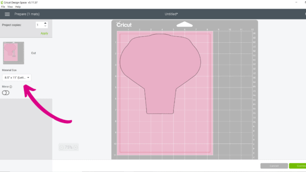 A screenshot of a pink rose petal in Design Space, detailing how to select the proper paper size for your paper flower craft project. 