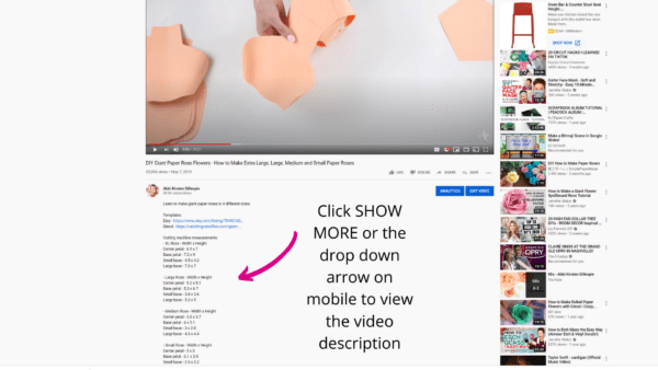 A screenshot of one of Abbi's YouTube paper flower tutorials. A pink arrow shows where to look on the page to find petal dimensions for your project. 