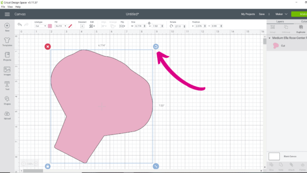 Another screen grab of the grid page of Design Space, demonstrating how to resize and rotate petal templates. This petal is pink and for paper roses. 