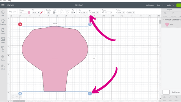A Design Space screen grab of the grid page, showing paper flower rose petals being resized. These tips for creating paper flowers can be found in these tutorials. 