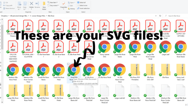 A screenshot of a folder on a computer showing many files in many types like .PDF and ZIP files. The text files say "These are your SVG files" and a black arrow points to the .HTML files in the folder. 
