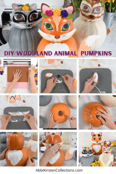 A step-by-step picture tutorial on how to construct the faux pumpkin woodland animals. The top picture shows the finished raccoon, fox, and deer with the text "DIY Woodland Animal Pumpkins." The remaining photos are overhead views on printing the templates, cutting out the designs, preparing the fake pumpkins, transferring the designs onto the pumpkin, and the finished look. 