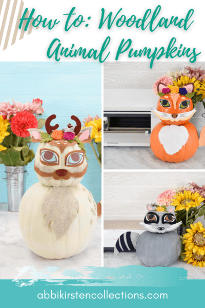 Three pictures highlight each craft: a gray raccoon, a beige deer, and an orange fox. The text reads "How To: Woodland Animal Pumpkins."