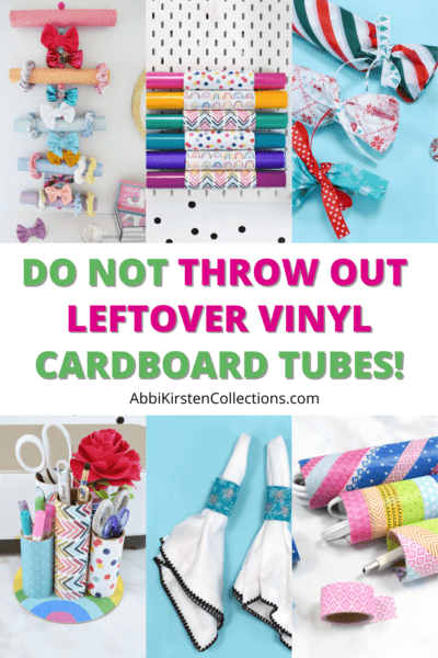 A six-picture grid detailing all the ways you can use cardboard tubes, such as pen holders, vinyl roll holders, napkin rings and more. Don’t throw out leftover cardboard tubes from vinyl, paper towels, or toilet paper. Here are six cardboard tube crafts you can make today. 