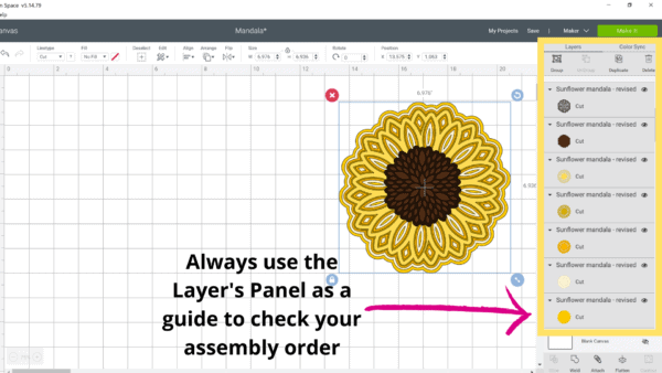 A Cricut Design Space tip when making layered paper mandalas is to always use the Layers Panel as a guide to check the assembly order of your layered mandalas.