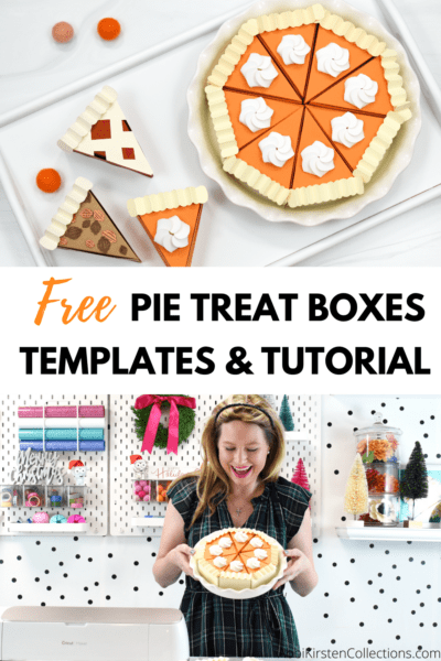 DIY Pumpkin Pie Craft Boxes. Wow, you guests this holiday season with these take-home pie boxes you can make with Cricut! Free SVG files and PDF printables included