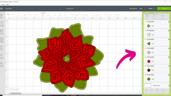 A screen grab of Circuit Design Space, showing how to use the “layers” panel. This panel shows the correct order in which to assemble your poinsettia flower mandala Christmas cards. 
