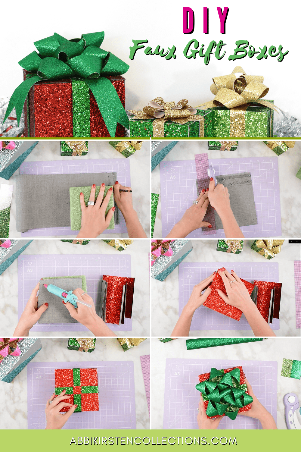 A collage of images shows the step by step process of making decorative glittery gift boxes for Christmas decor.