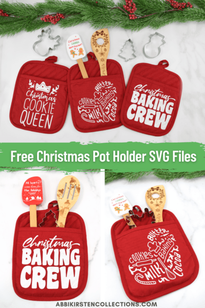 The image shows Christmas pot holders with the words "free Christmas post holder SVG files. 
Create easy DIY gifts with your Cricut machine this Christmas. Get inspired with these six Christmas gifts to make with Cricut!