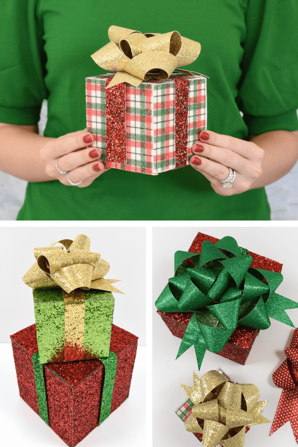 A collage of images showing decorative Christmas gift boxes. The top image is of a woman in a green shirt holding a red, white, and green plaid box with red and gold glitter ribbons. The bottom images are of decorative gift boxes of different sizes made with red, green, and gold faux glitter leather.