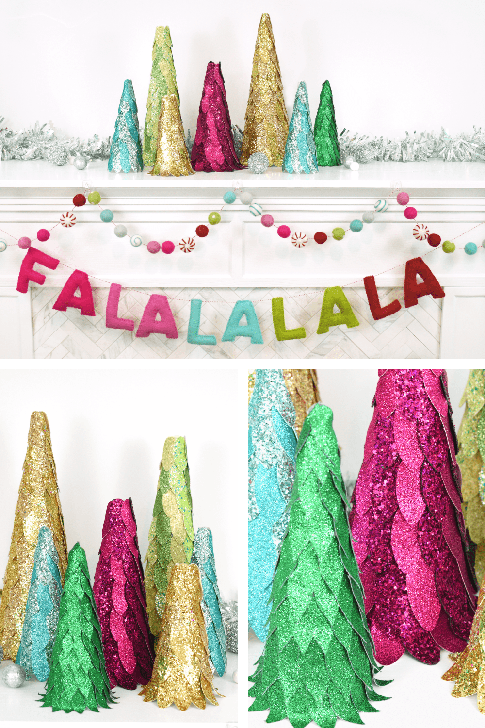 A collage of three images shows different ways of displaying DIY faux leather Christmas trees. The top images shows the Christmas tree crafts lined up on a white fireplace mantel that’s decorated with colorful garland and a “fa la la” banner. The bottom images are close-up photos of the DIY leather Christmas tree crafts, showing the detail of the glitter, color, and petals on the trees.