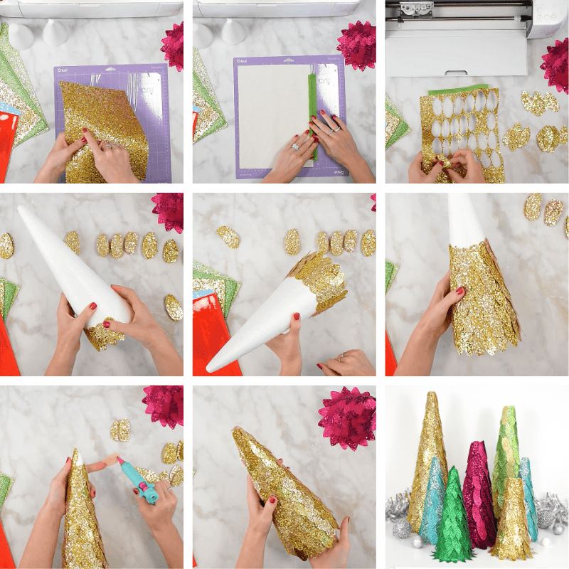 A square collage of nine images shows each step of making a faux leather Christmas tree craft using glittery faux leather sheets, a Cricut machine, and styrofoam cones.