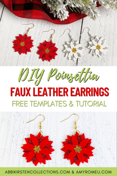 Two images showing red and white Poinsettia Faux Leather Earrings on top of a wooden white table. 