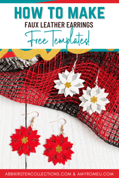 White and Red Poinsettia Faux Leather Earrings on red and black gauze fabric and white table. 