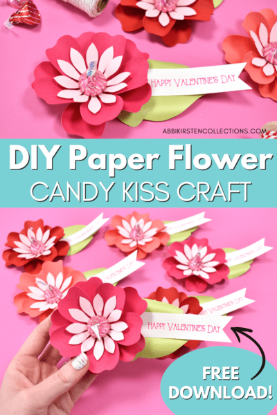 Dual images of pink and red paper flower Kiss candy valentines arranged on a pink surface.
