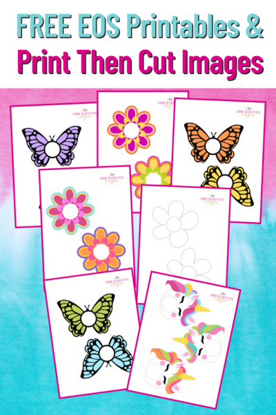 A graphic has text on top that says, "Free Eos Printables and Print Then Cut Images." The pictures under the text show the various free design templates you can use to dress up Eos lip balms by using them as the centerpiece for butterflies, unicorns, and flowers. 