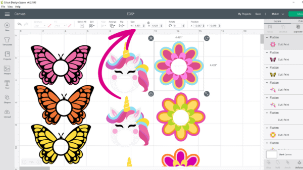 A screenshot of a Cricut Design Space canvas on which butterfly, unicorn, and flower printables are being resized to fit Eos lip balms. 
