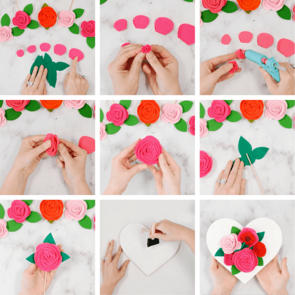 Nine small images show the steps needed to create felt roses, from gathering your cut-out pieces, through assembly, to painting a wooden heart and adding felt roses to the center. 