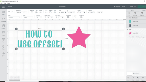 A screenshot of the Design Space canvas page, full of menu options and a grid. "How to use Offset" is written in a sea-green color and placed next to a pink star. 