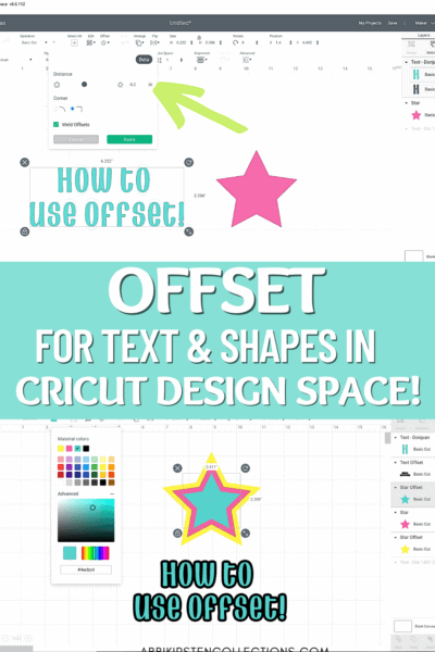A graphic of Design Space screenshots with the text "How to use Offset" and "Offset for text and shapes in Cricut Design Space." Learn how to use the Offset feature in Cricut Design Space to create additional layers to your text, SVG files and images.