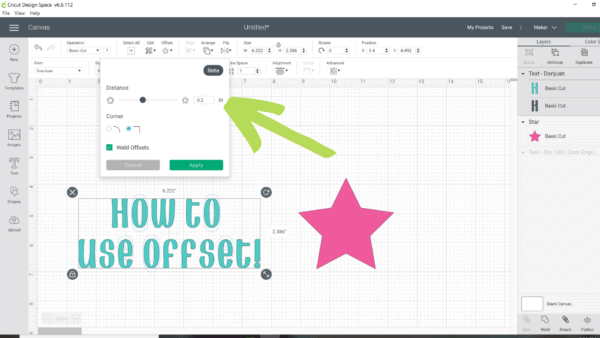 The screenshot of Design Space has a pink star and the words "how to use offset" written in teal. A green arrow points to the menu option you need. 