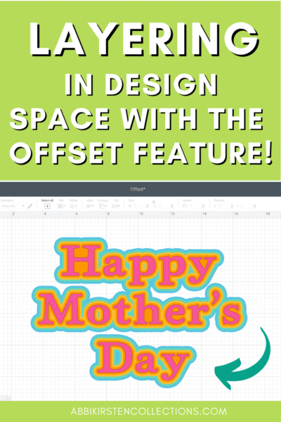 A three picture graphic advertising a tutorial on layering. The yellow-green top graphic has white text that says "Layering in Design Space with the Offset Feature." The center picture is a Design Space grid page with the words "Happy Mother's Day" in colorful layers. The bottom layer is Abbi's website, abbikirstencollections.com. 