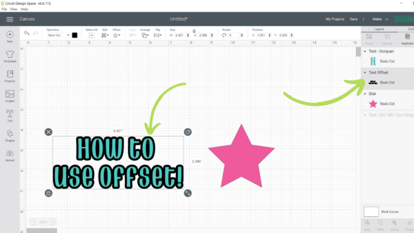 Offset layers in Design Space are shown in a screenshot. "How to use Offset" is written in green with a black outline, next to a pink star. 