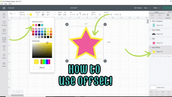This Design Space graphic teaches "How to use Offset" to add borders to shapes. In this case, Offset was used to add a yellow border on a pink star.
