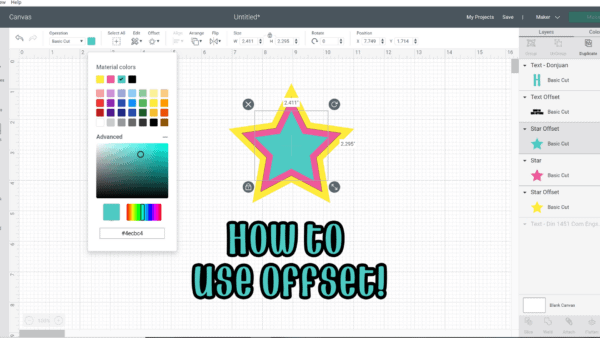 The color menu is opened on the Design Space screenshot. A blue star with pink and yellow outlines sits above the words "How to use Offset" in green with a black outline. 