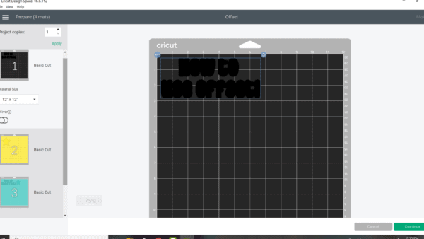 A digital Cricut mat is displayed in Design Space, with the black words "How to use Offset" barely visible on the black mat. 