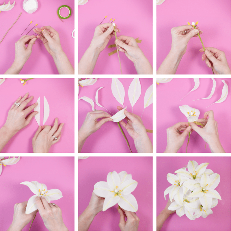 Create easy Easter paper lily flowers from crepe paper. A nine paneled step-by-step tutorials for making crepe paper lilies with PDF printables and SVG templates for the Cricut cutting machine. Each picture is a close-up of Abbi's hands crafting each part of the crepe paper Easter lilies. 
