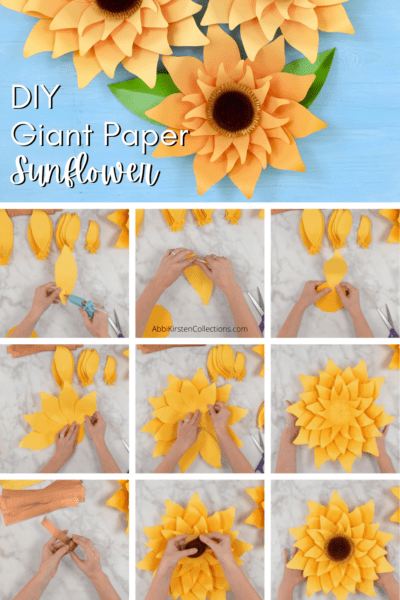 Nine photos of the large paper sunflower assembly appear below a blue graphic with a finished giant paper sunflower and the words "DIY Giant Paper Sunflower." 