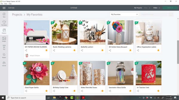 A screenshot of Cricut Design Space project section, displaying selected favorite projects previously uploaded into Design Space.