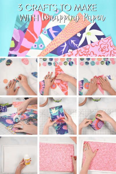 A collage of images showing three different crafts to create with wrapping paper. 