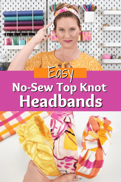 A graphic for easy no-sew top knot headbands. Abbi models one brightly colored fabric headband, while displaying variations of the top knot headbands in the picture below.