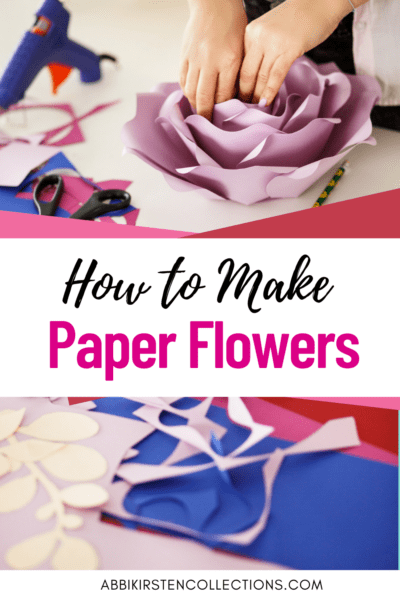 Abbi creating a lavender paper flower with image text overlay that reads how to make paper flowers. 