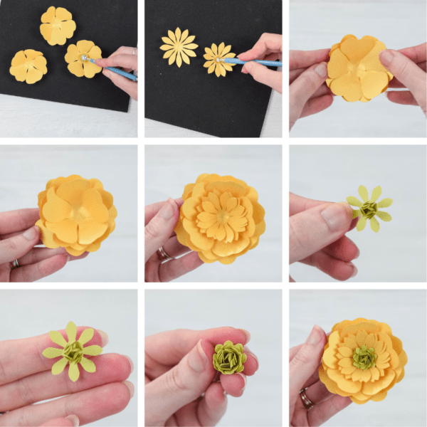 A collage of nine images displaying the steps to building a buttercup paper flower. 
