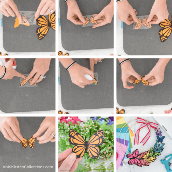 A collage of images shows all the steps to making paper butterflies from cardstock.