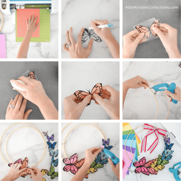 A collage of images showing step-by-step how to make a paper butterfly wreath from start to finish.