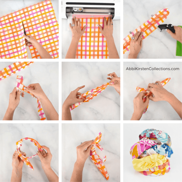 This no-sew top knot headband tutorial at-a-glance consists of nine pictures demonstrating each step in the process, from cutting the fabric, applying the glue and trying the top knot, and attaching the fabric to the headband.