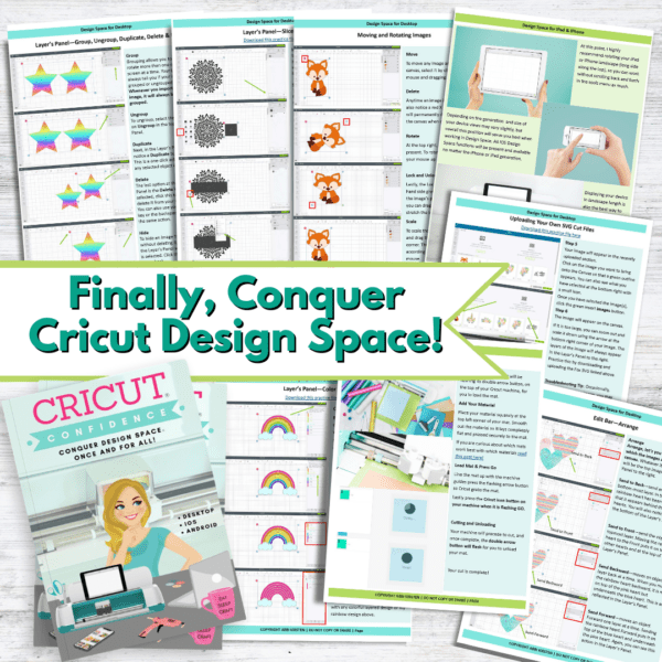 Pages laid out from Abbi Kirsten's book, "Cricut Confidence," a manual for using Cricut Design Space. Text reads "Finally, conquer Cricut Design Space!" 