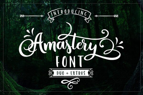 White chalky text on a black and green chalkboard introduces the font "Amastery" and proclaims it's a duo font with extras for use in your Cricut projects. 